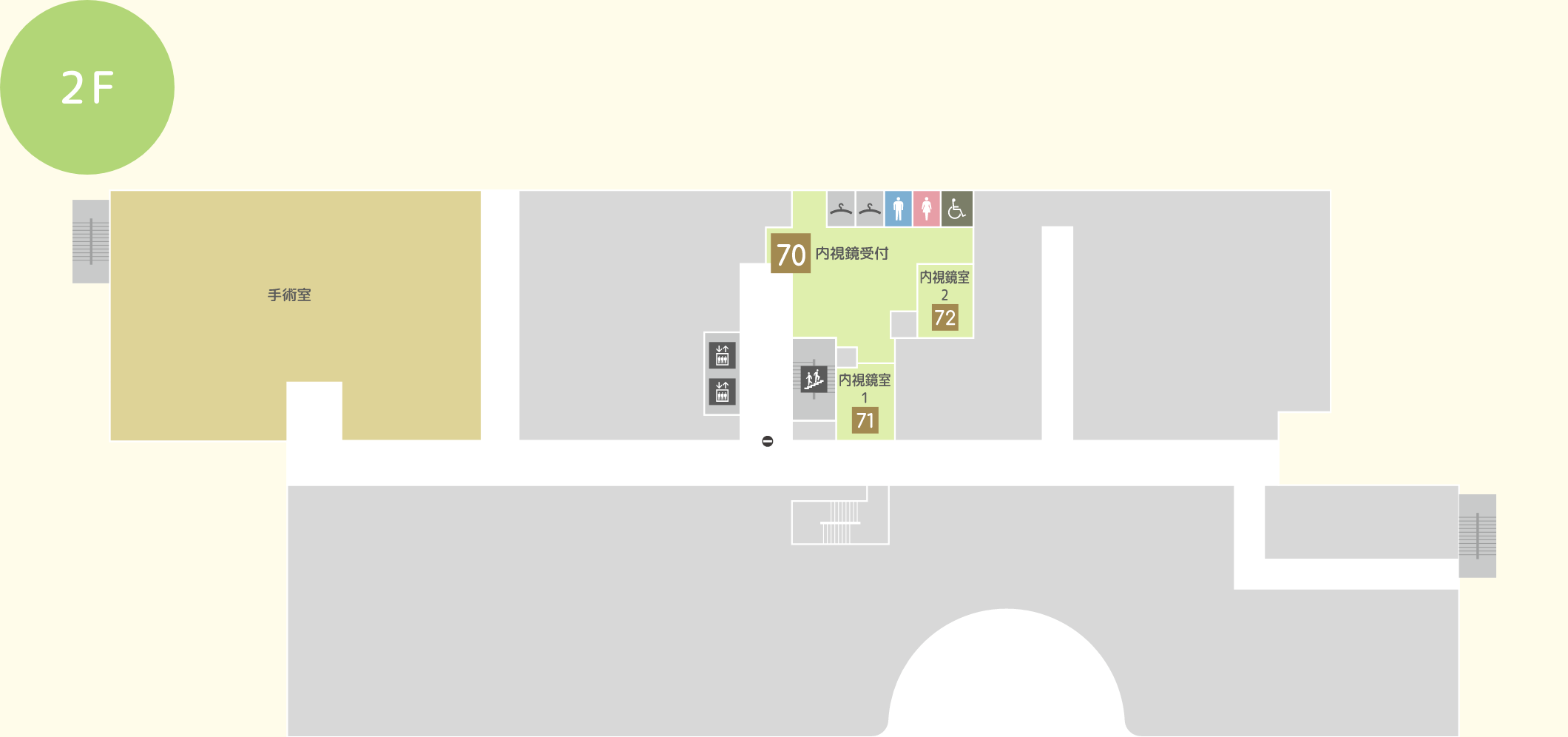 2階の案内図。内視鏡受付と手術室の配置
