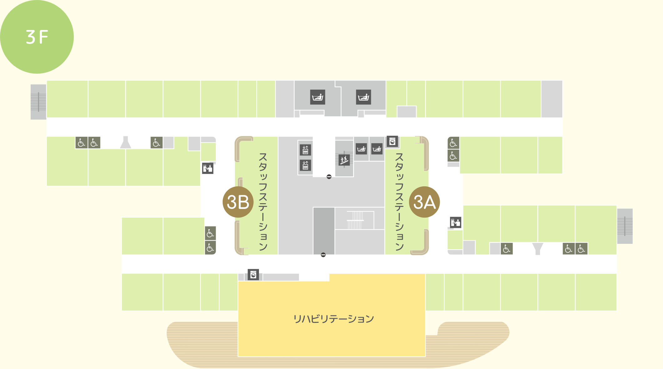 3階の案内図。病室とリハビリテーション室の配置